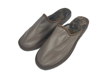 Brown Fur Leather & Sheepskin Slippers